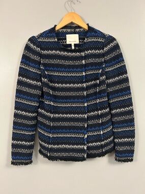 Rebecca Taylor Navy, Black & Gray Striped Tweed Jacket Size 4 Button Up